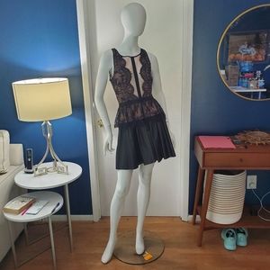 BCBG lace mesh perfume top w tiered leather skirt